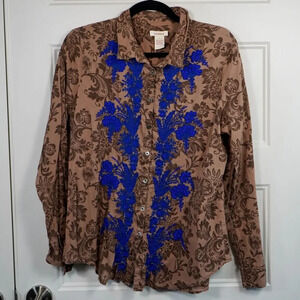Sundance‎ Catalog Shirt Brown Winter Blooms Beaded Blue Embroidery Sz Large